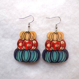 Fall Pumpkin Earrings Multicolor Wood  Dangle Festive
